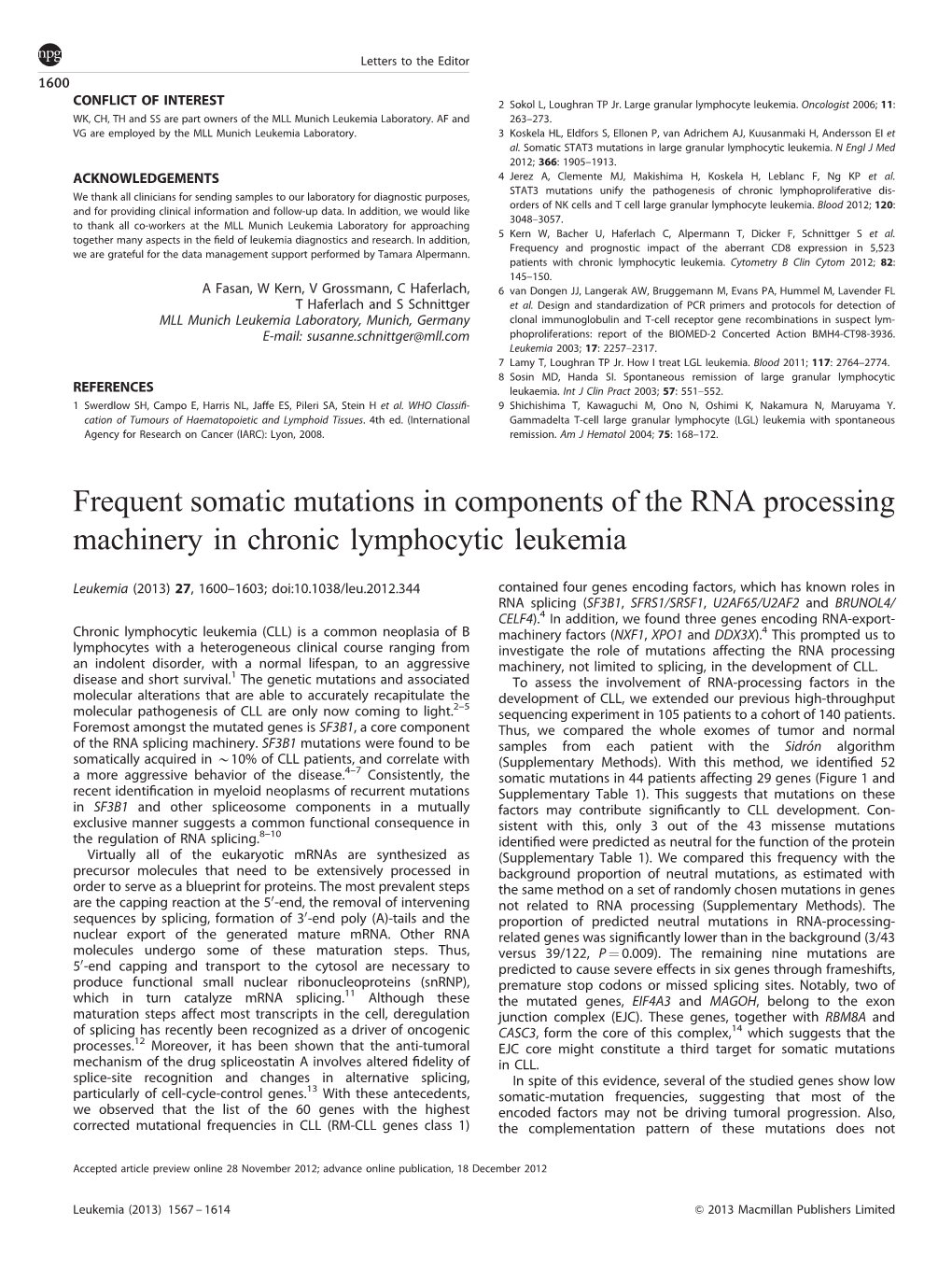 Frequent Somatic Mutations in Components of the RNA Processing Machinery in Chronic Lymphocytic Leukemia