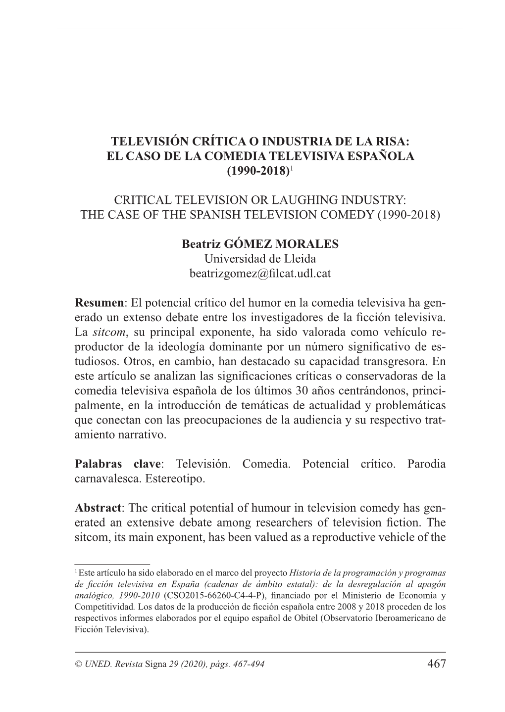 Televisión Crítica O Industria De La Risa. El Caso De La Comedia Televisiva Española