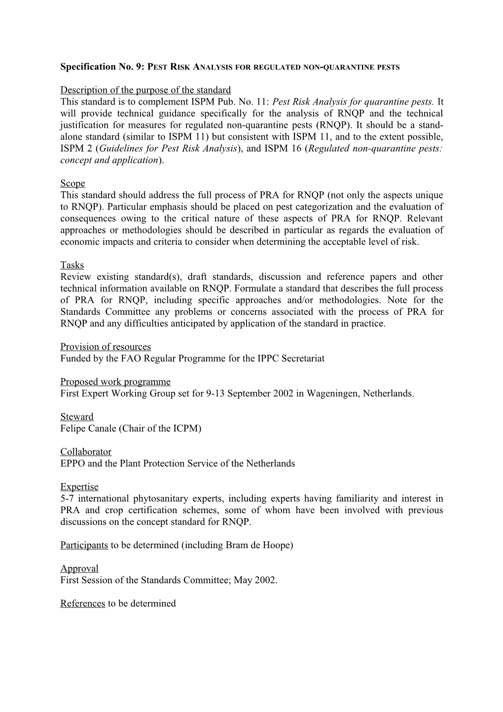 Specification No. 9: Pest Risk Analysis for Regulated Non-Quarantine Pests
