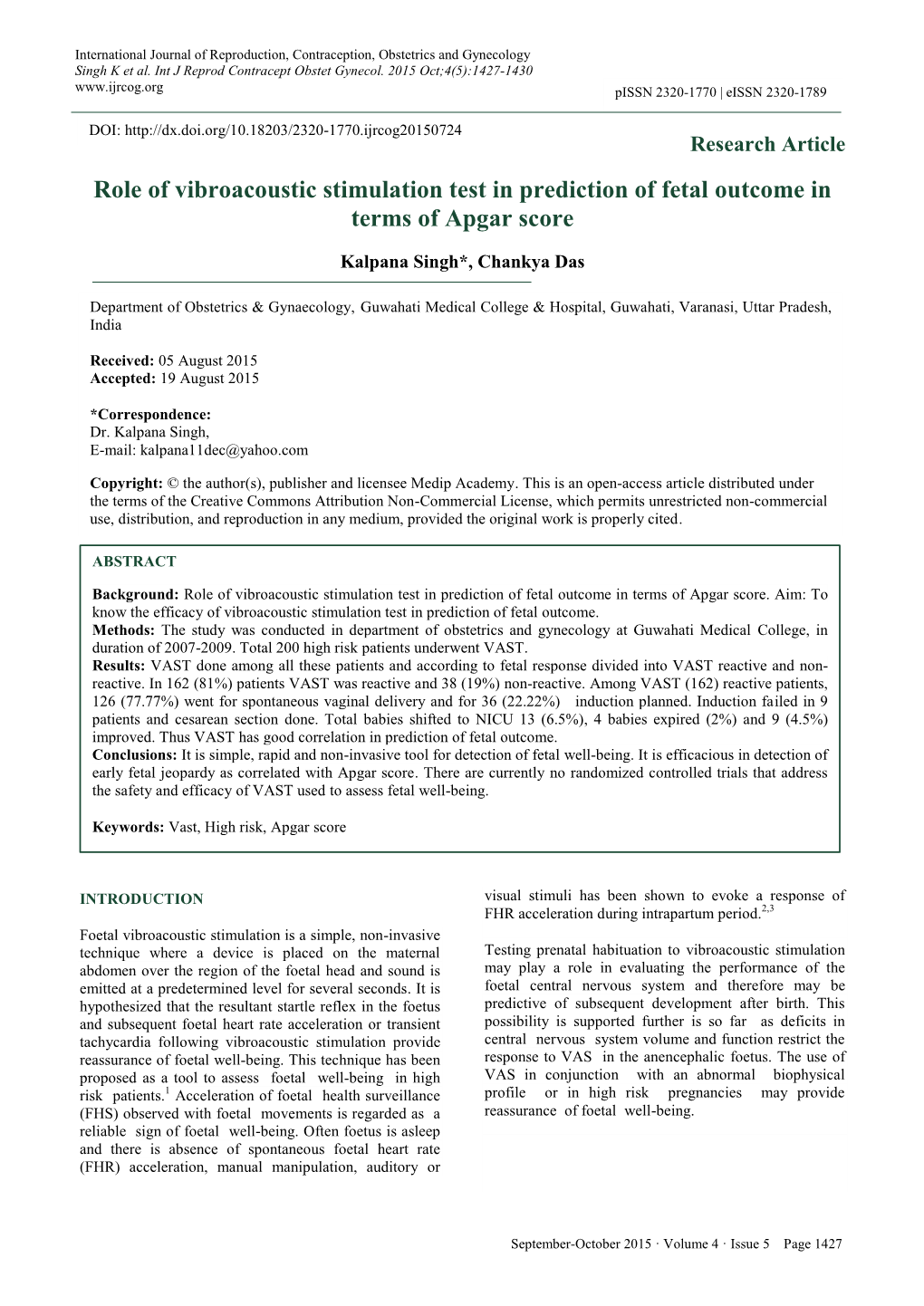 Role of Vibroacoustic Stimulation Test in Prediction of Fetal Outcome in Terms of Apgar Score