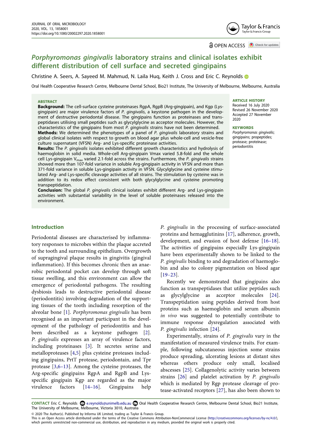 Porphyromonas Gingivalis Laboratory Strains and Clinical Isolates Exhibit Different Distribution of Cell Surface and Secreted Gingipains Christine A