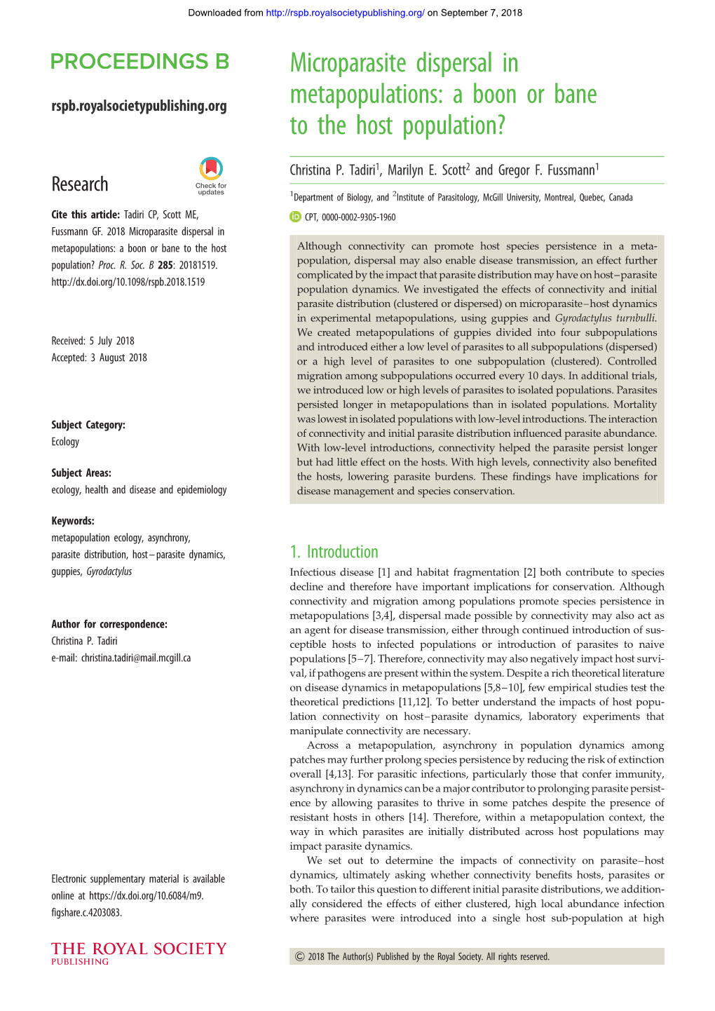 Microparasite Dispersal in Metapopulations: a Boon Or Bane to the Host Although Connectivity Can Promote Host Species Persistence in a Meta- Population? Proc