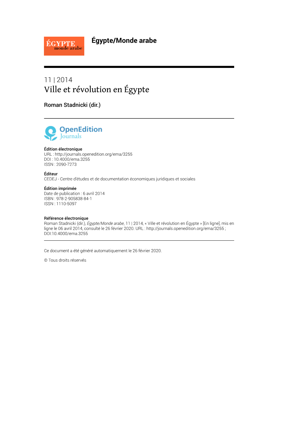 Égypte/Monde Arabe, 11 | 2014, « Ville Et Révolution En Égypte » [En Ligne], Mis En Ligne Le 06 Avril 2014, Consulté Le 26 Février 2020