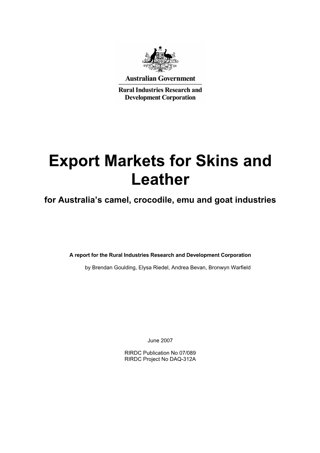 Export Markets for Skins and Leather for Australia’S Camel, Crocodile, Emu and Goat Industries