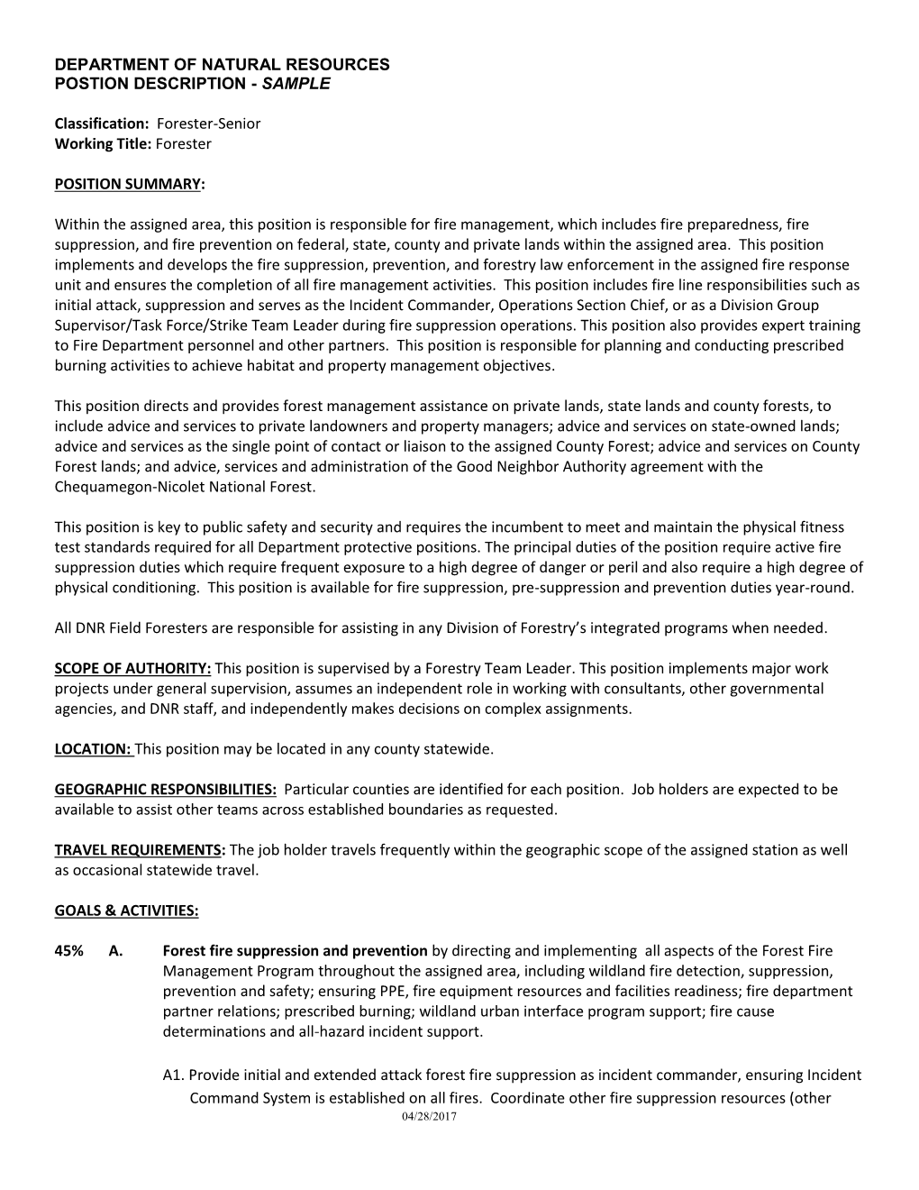 Department of Natural Resources Postion Description - Sample