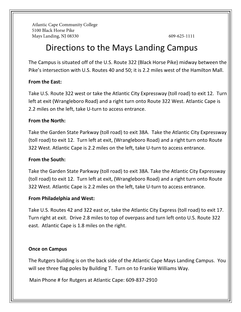 Directions to the Mays Landing Campus