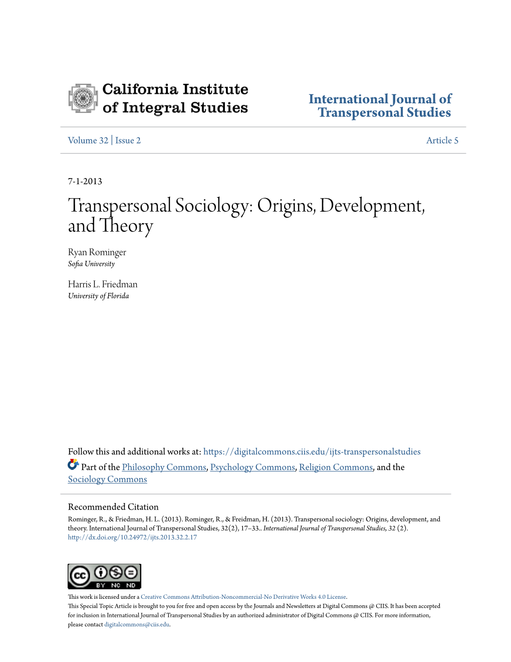 Transpersonal Sociology: Origins, Development, and Theory Ryan Rominger Sofia University