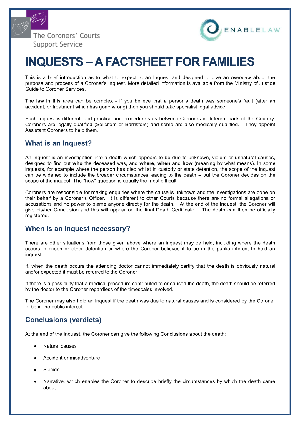 Inquests – a Factsheet for Families