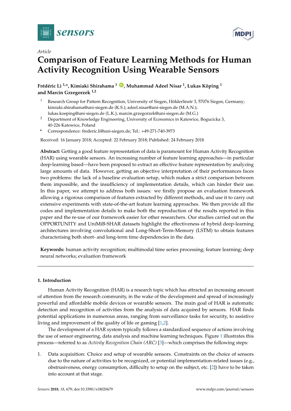 Comparison of Feature Learning Methods for Human Activity Recognition Using Wearable Sensors