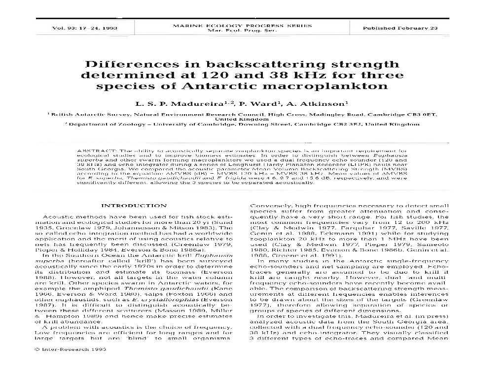 Differences in Backscattering Strength Determined at 120 and 38 Khz for Three Species of Antarctic Macroplankton