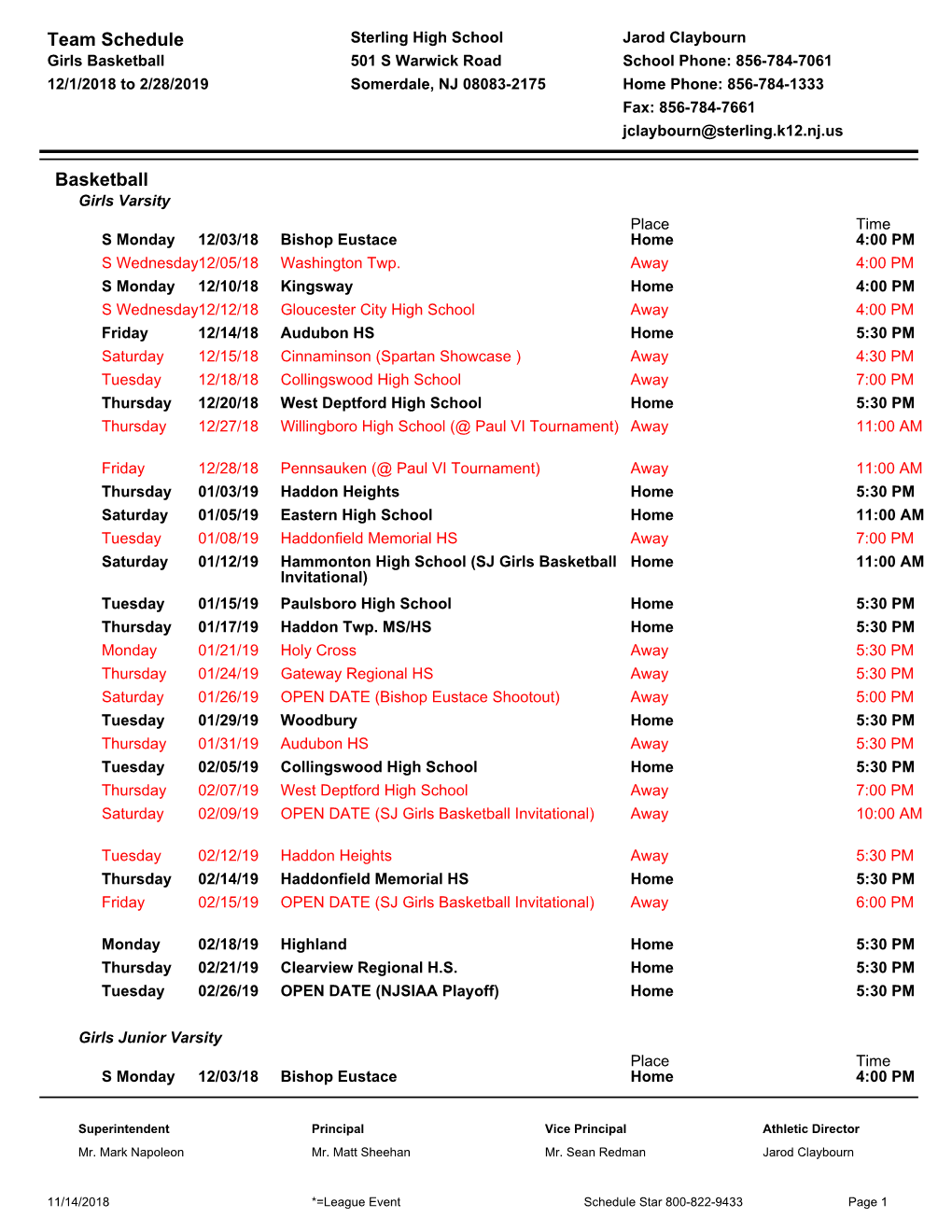 Team Schedule Basketball