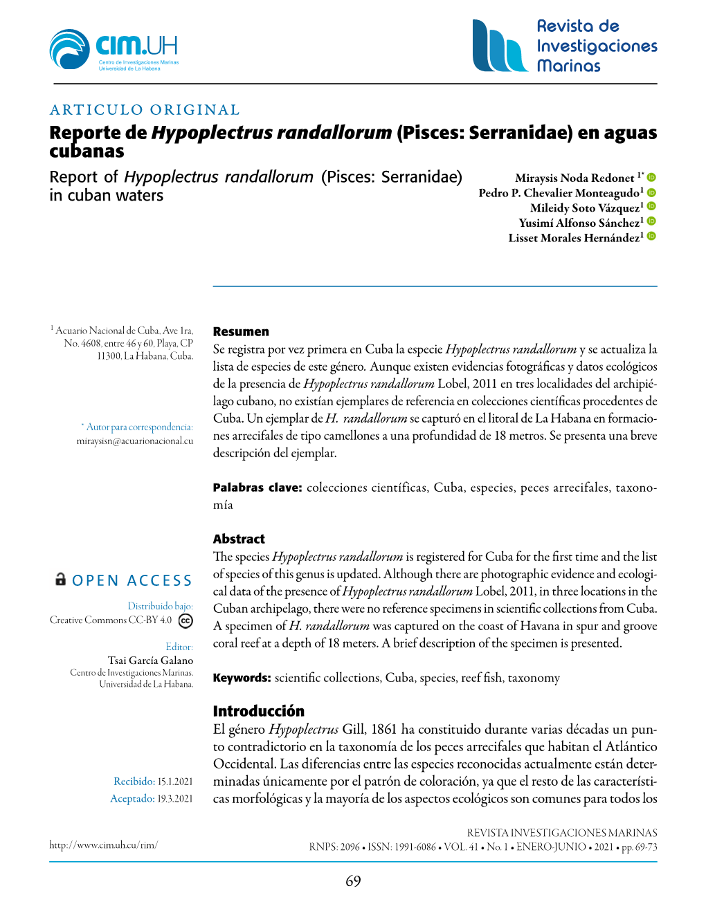 Reporte De Hypoplectrus Randallorum (Pisces: Serranidae)