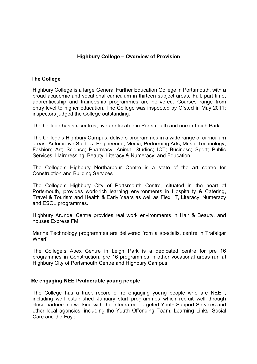 Highbury College – Overview of Provision the College Highbury