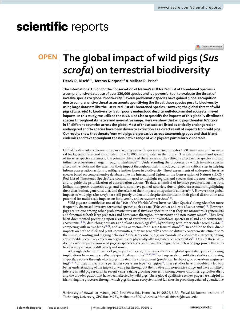 The Global Impact of Wild Pigs (Sus Scrofa) on Terrestrial Biodiversity Derek R