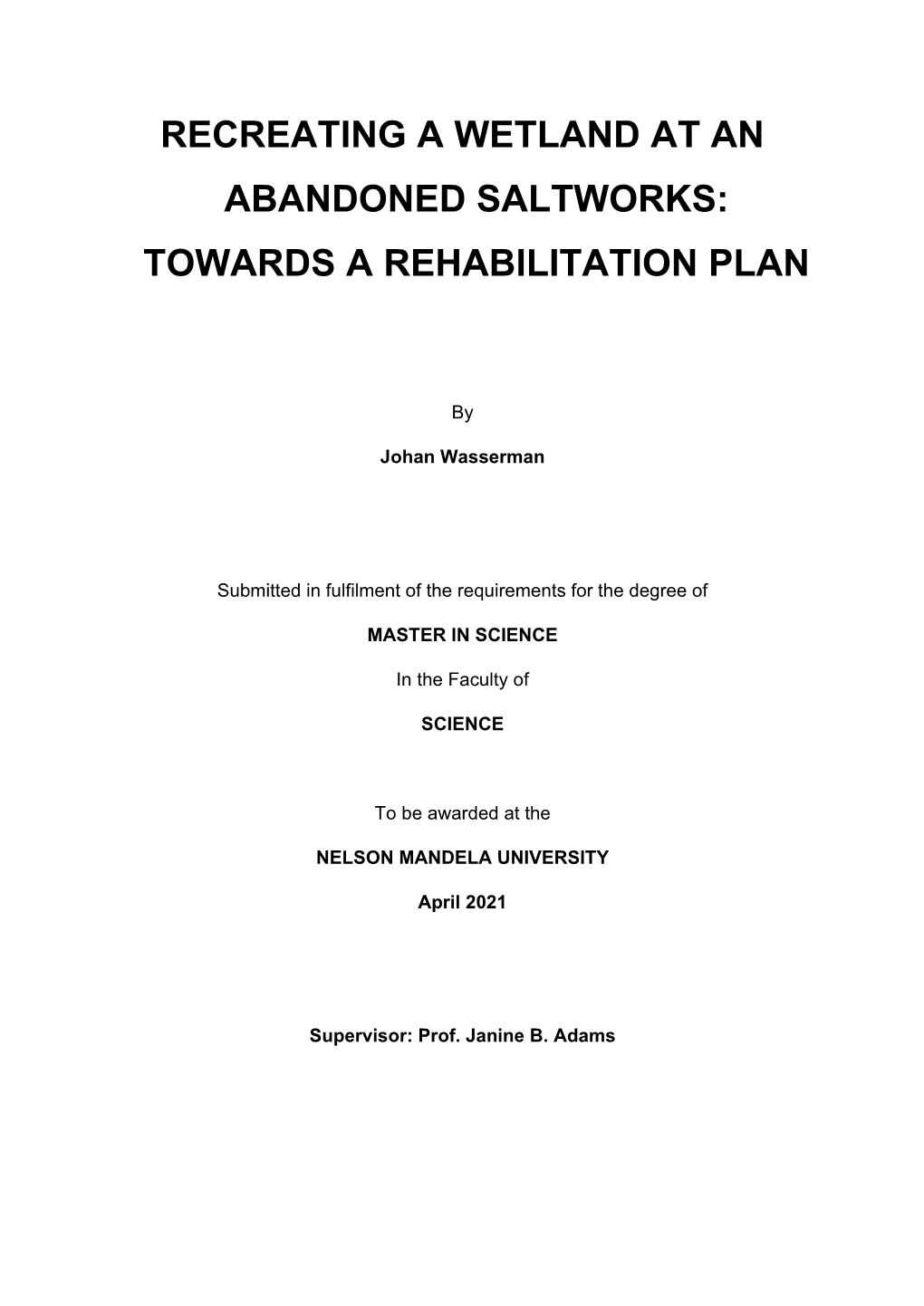 Recreating a Wetland at an Abandoned Saltworks: Towards a Rehabilitation Plan