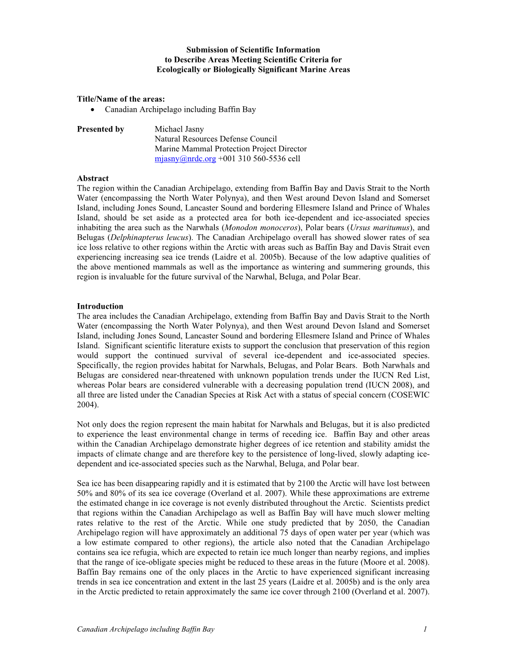 Submission of Scientific Information to Describe Areas Meeting Scientific Criteria for Ecologically Or Biologically Significant Marine Areas