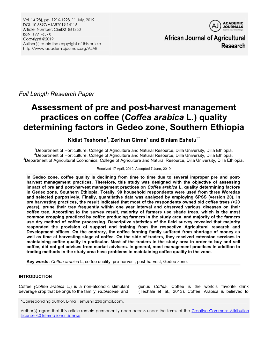 (Coffea Arabica L.) Quality Determining Factors in Gedeo Zone, Southern Ethiopia