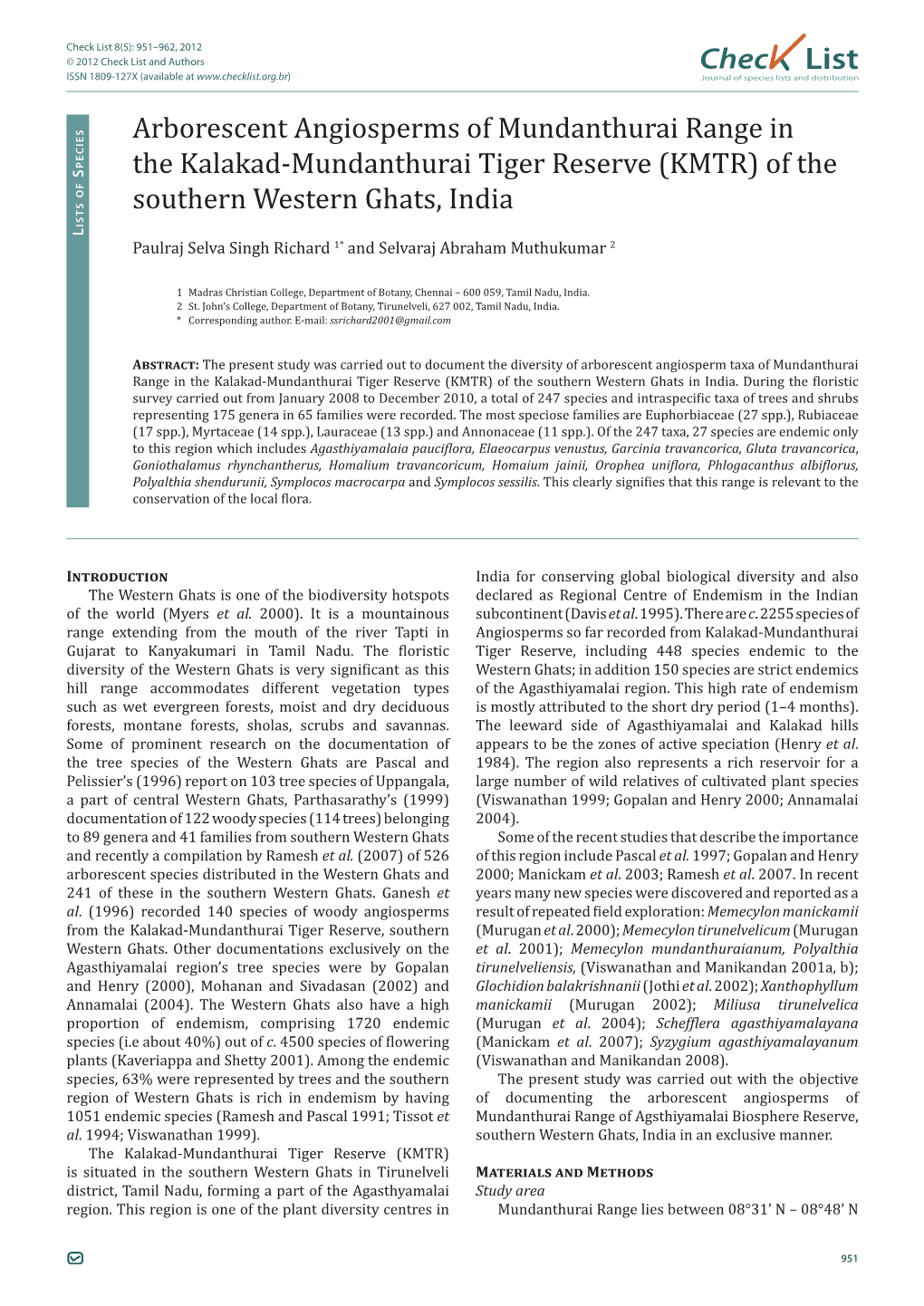 Arborescent Angiosperms of Mundanthurai Range in The