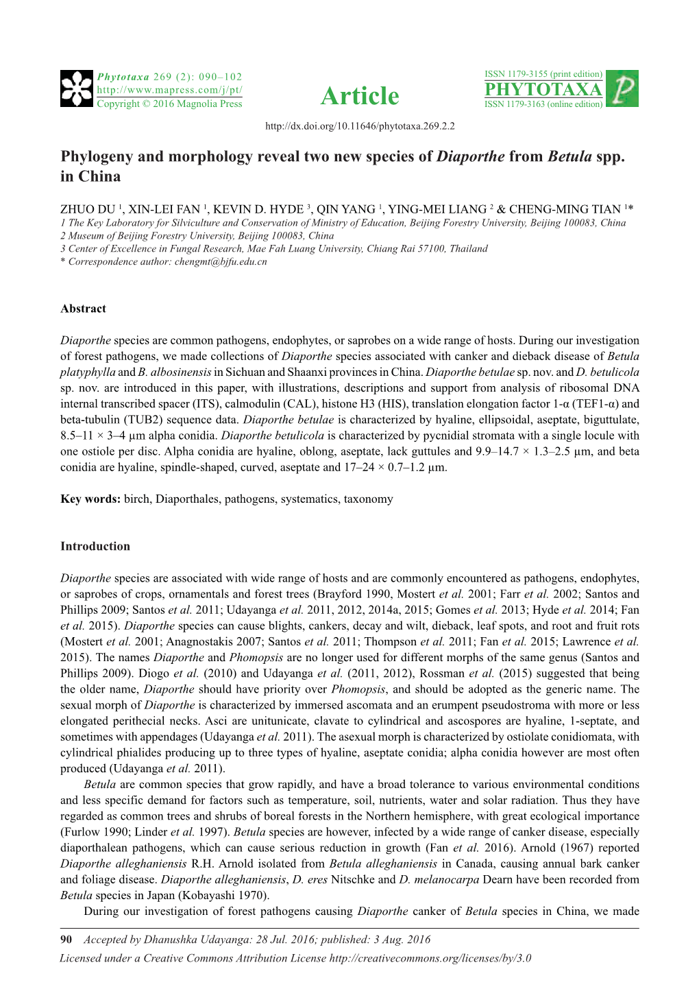 Phylogeny and Morphology Reveal Two New Species of Diaporthe from Betula Spp. in China