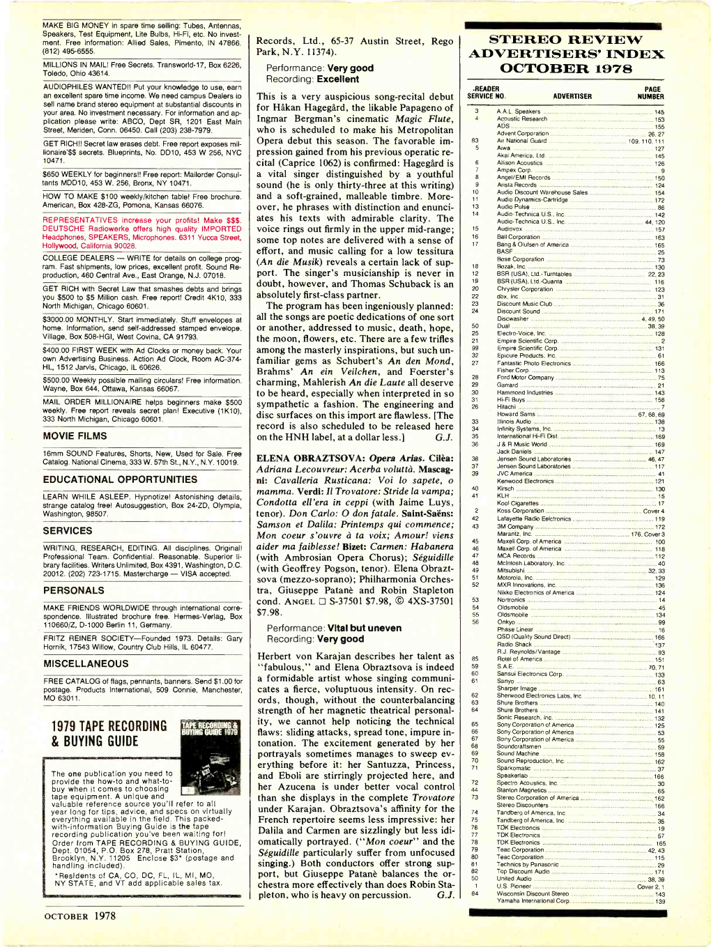 Stereo Review Advertisers' Index October 1978
