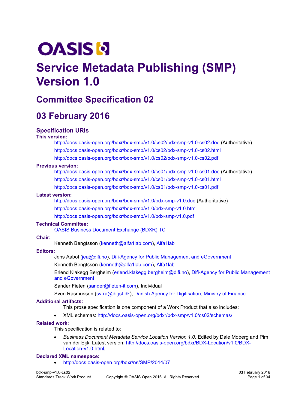 Service Metadata Publishing (SMP) Version 1.0