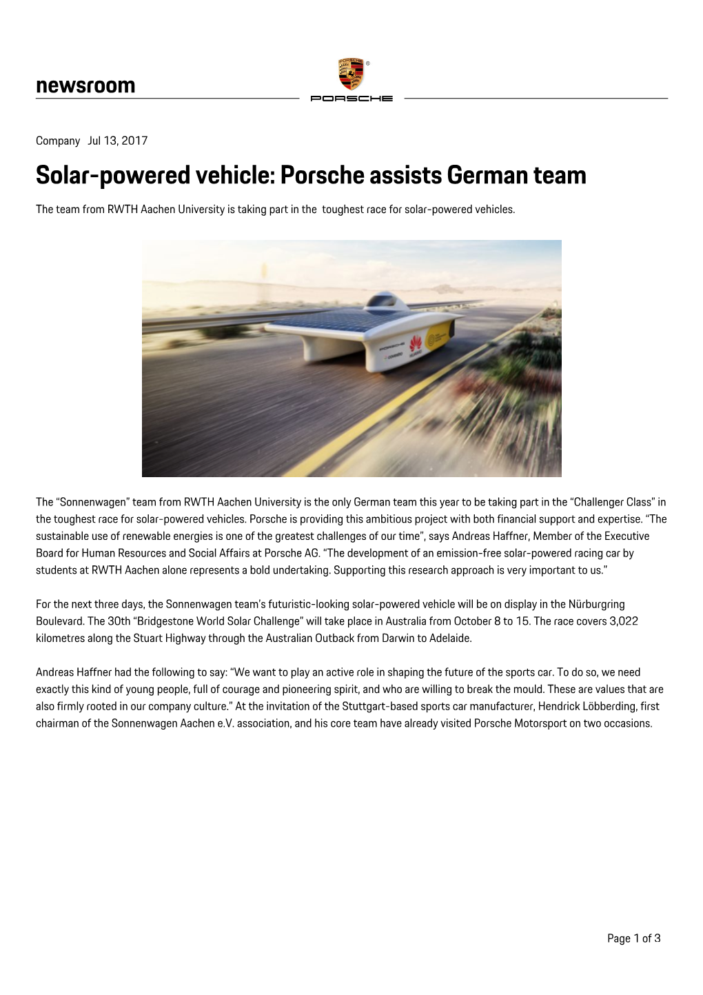 Solar-Powered Vehicle: Porsche Assists German Team the Team from RWTH Aachen University Is Taking Part in the Toughest Race for Solar-Powered Vehicles