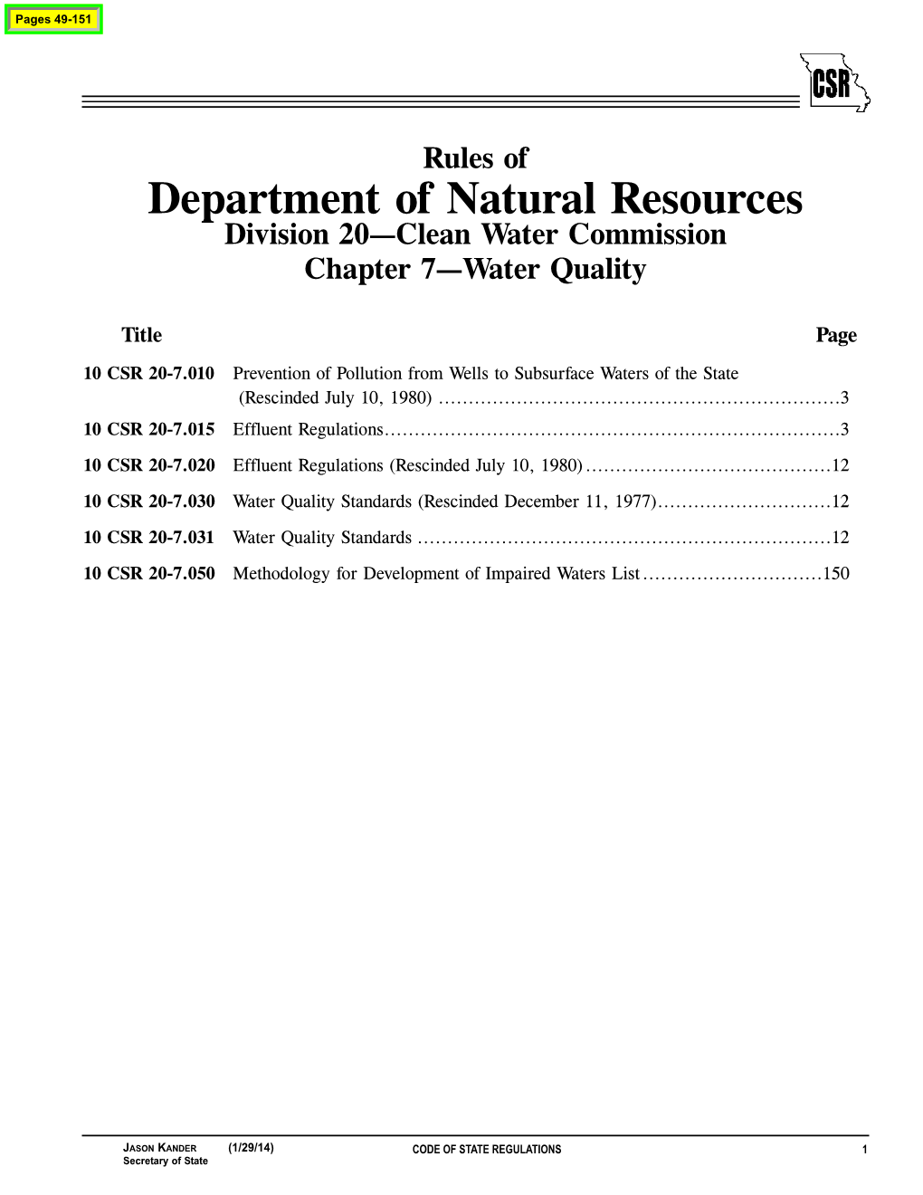 Department of Natural Resources Division 20—Clean Water Commission Chapter 7—Water Quality