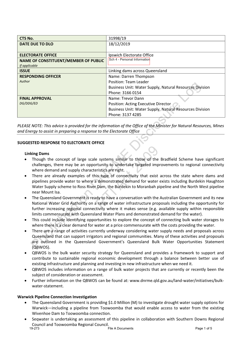 Published on DNRME Disclosure Log RTI Act 2009