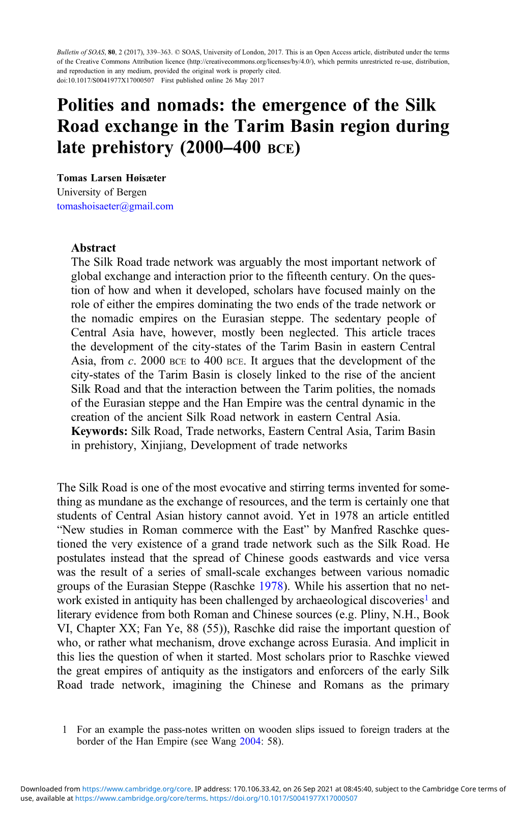 The Emergence of the Silk Road Exchange in the Tarim Basin Region During Late Prehistory (2000–400 BCE)