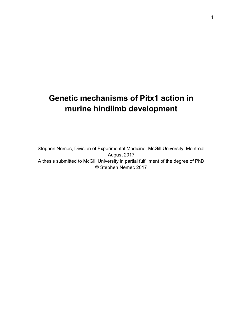 Genetic Mechanisms of Pitx1 Action in Murine Hindlimb Development