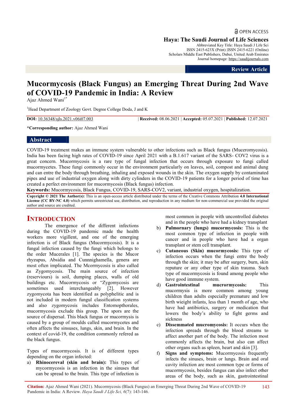 Mucormycosis (Black Fungus) an Emerging Threat During 2Nd Wave of COVID-19 Pandemic in India: a Review Ajaz Ahmed Wani1*