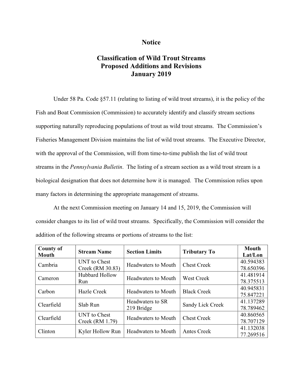 Wild Trout Streams Proposed Additions and Revisions January 2019