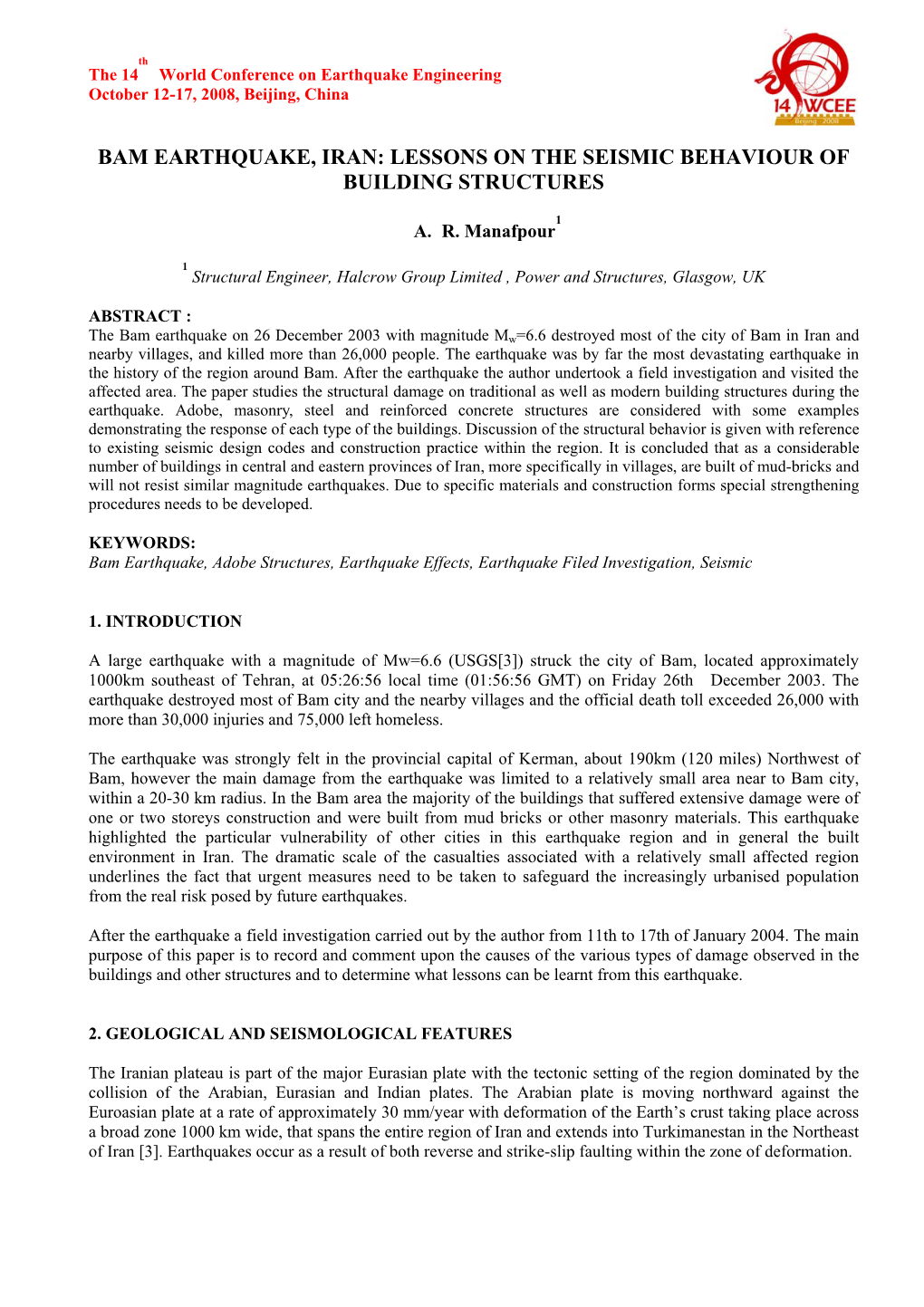 Bam Earthquake, Iran: Lessons on the Seismic Behaviour of Building Structures