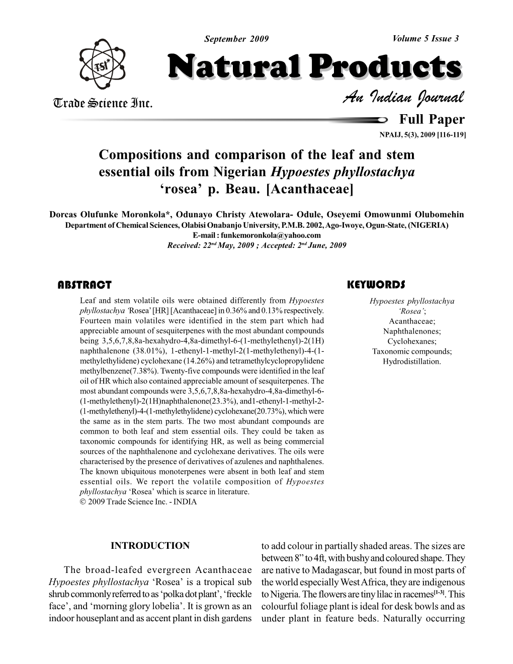 Compositions and Comparison of the Leaf and Stem Essential Oils from Nigerian Hypoestes Phyllostachya ‘ ’ Rosea P