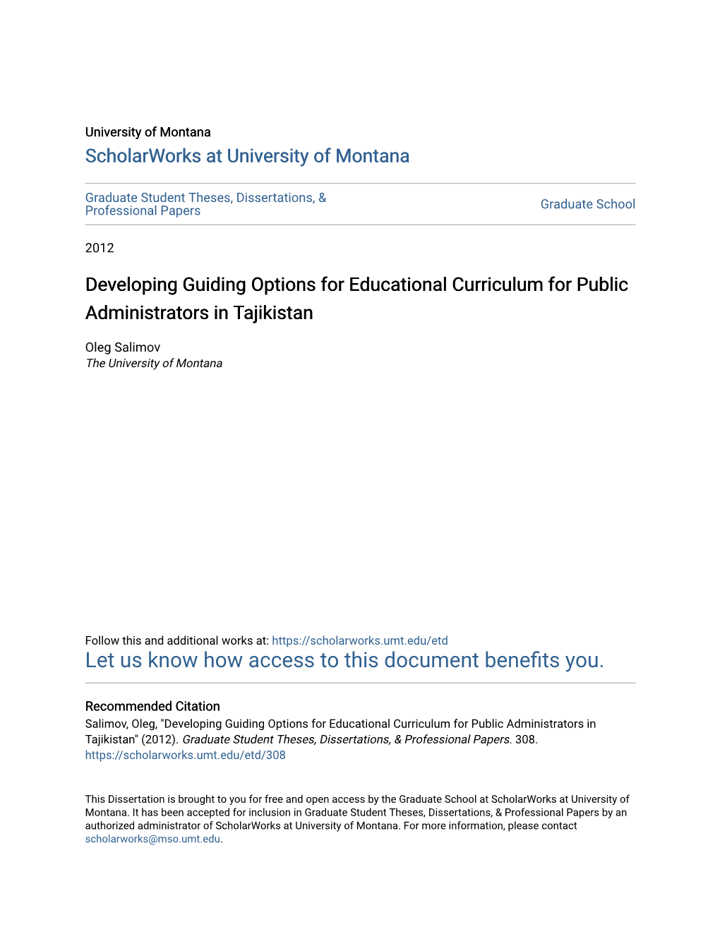 Developing Guiding Options for Educational Curriculum for Public Administrators in Tajikistan