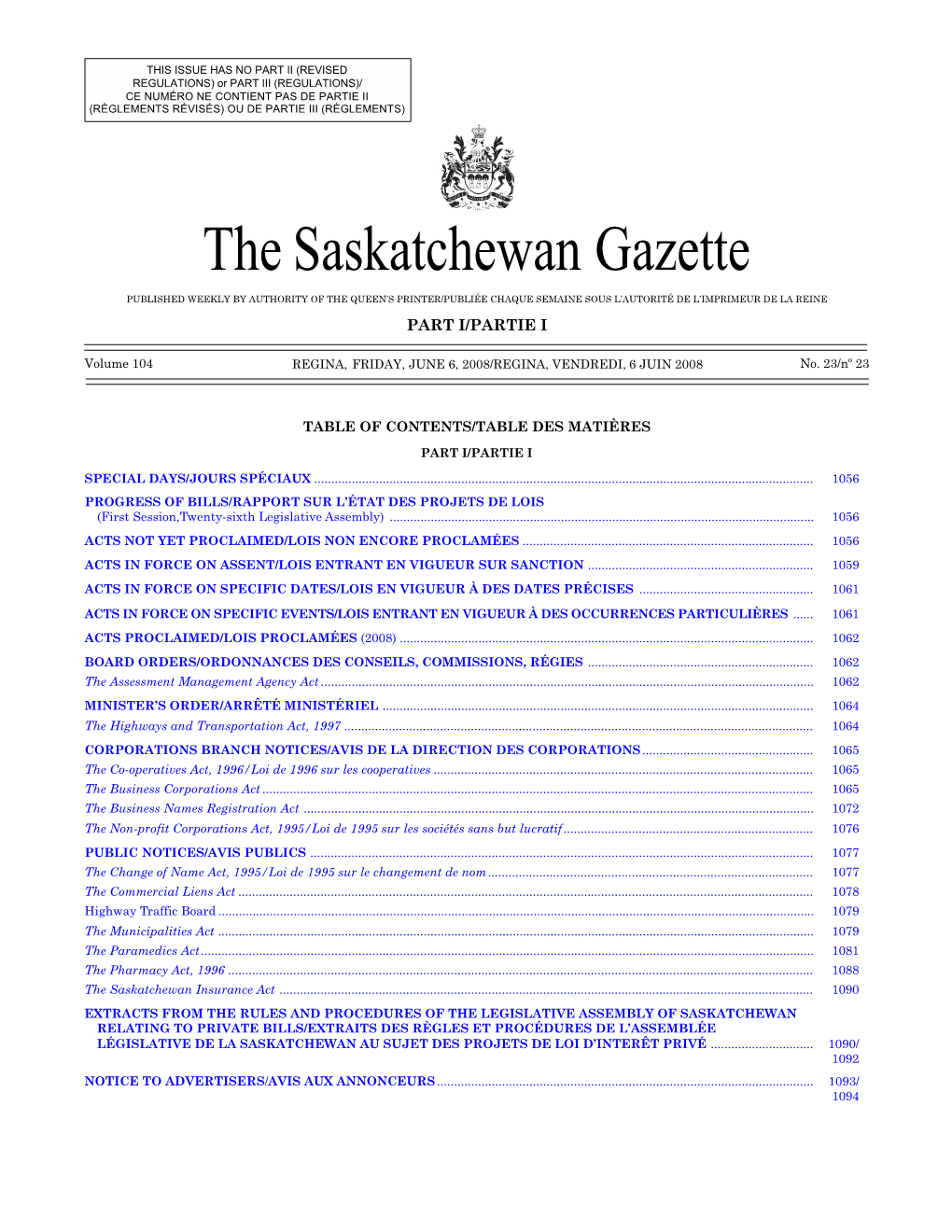 Sask Gazette, Part I, Jun 6, 2008