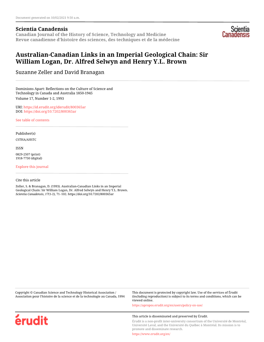 Australian-Canadian Links in an Imperial Geological Chain: Sir William Logan, Dr