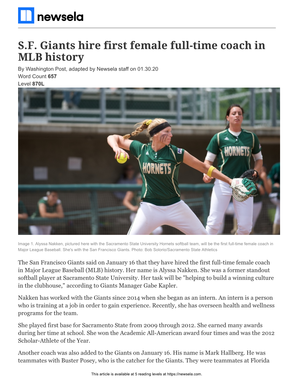 S.F. Giants Hire First Female Full-Time Coach in MLB History by Washington Post, Adapted by Newsela Staff on 01.30.20 Word Count 657 Level 870L