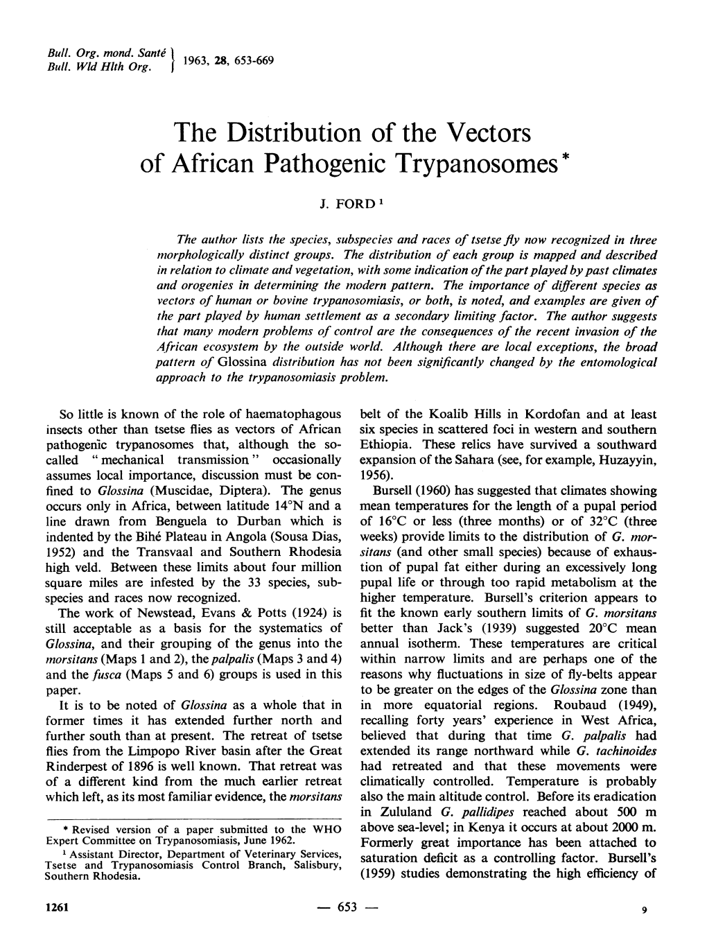 The Distribution of the Vectors of African Pathogenic Trypanosomes*