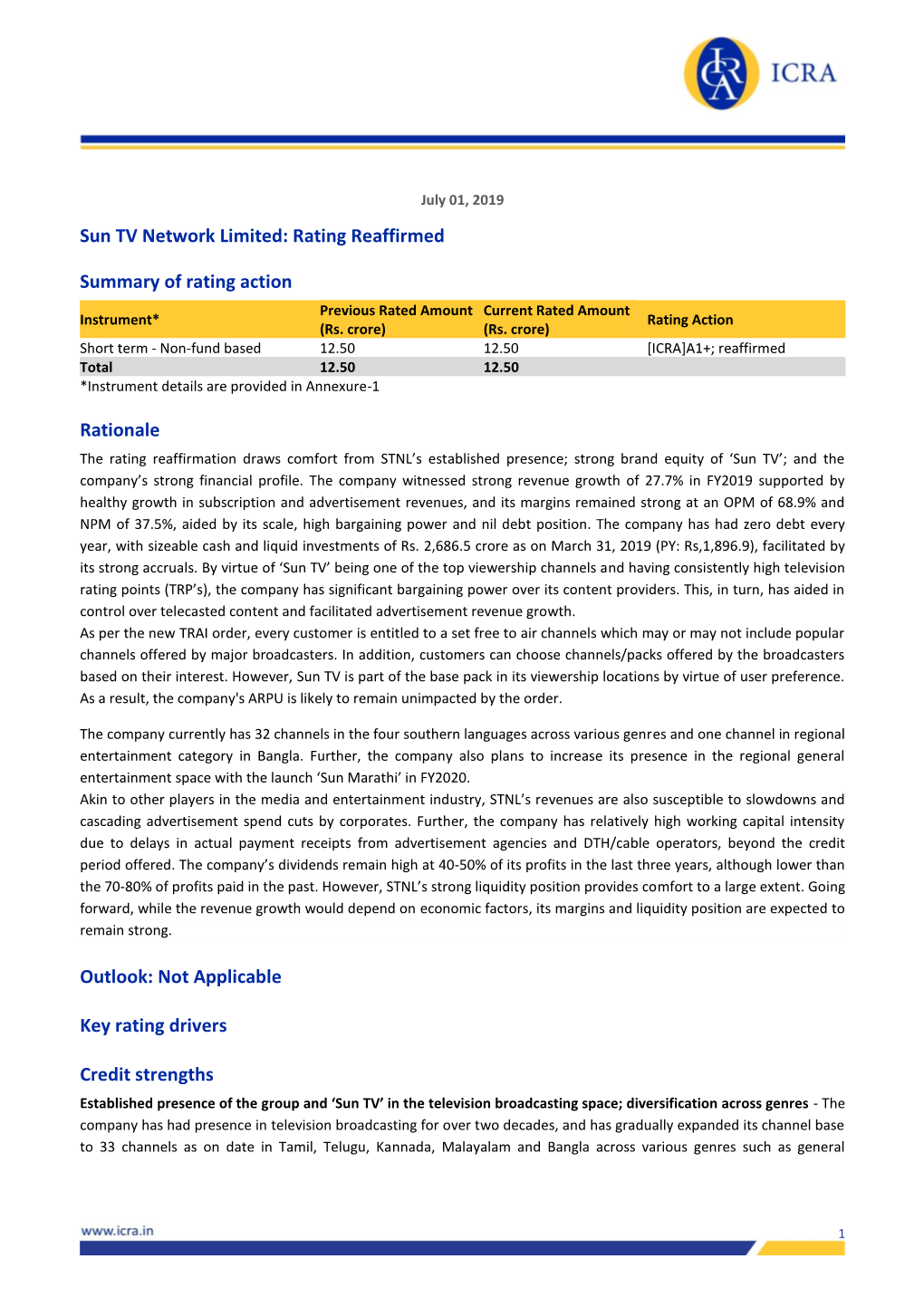 Sun TV Network Limited: Rating Reaffirmed Summary of Rating Action