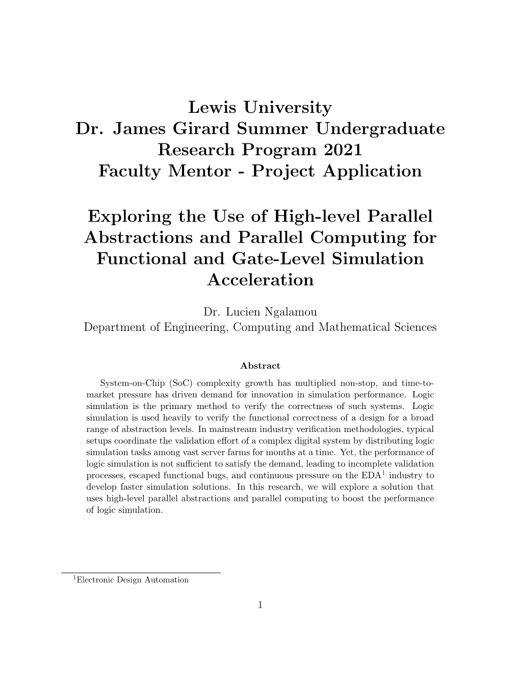 Lewis University Dr. James Girard Summer Undergraduate Research Program 2021 Faculty Mentor - Project Application