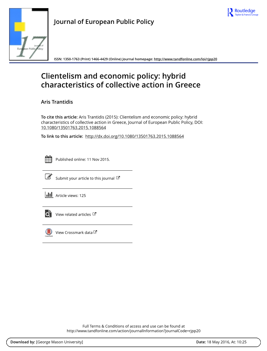 Clientelism and Economic Policy: Hybrid Characteristics of Collective Action in Greece