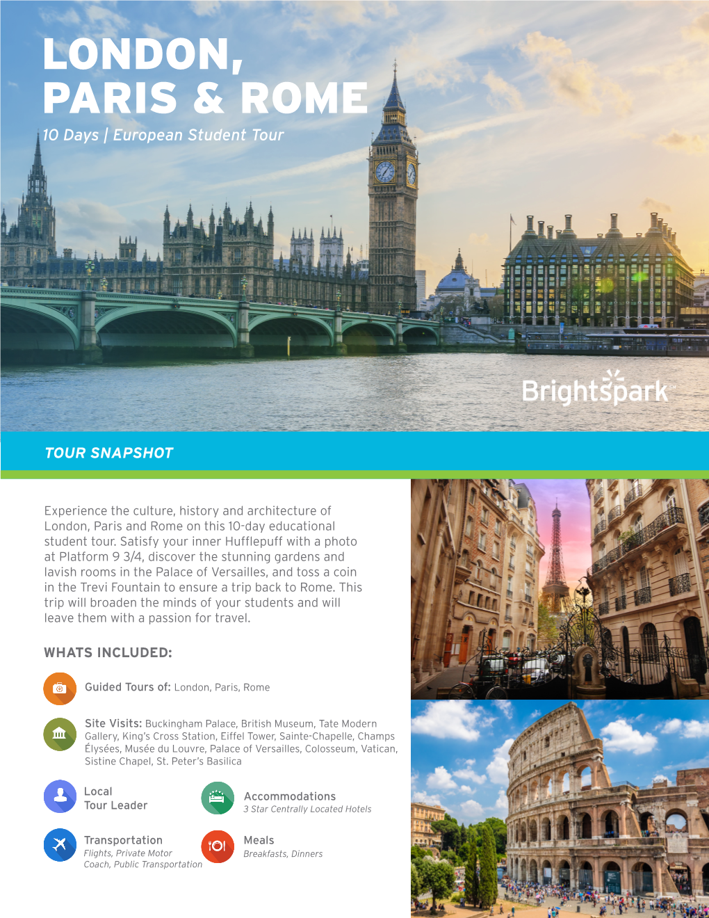 Brightspark London Paris Rome 10 Day European Student Tour