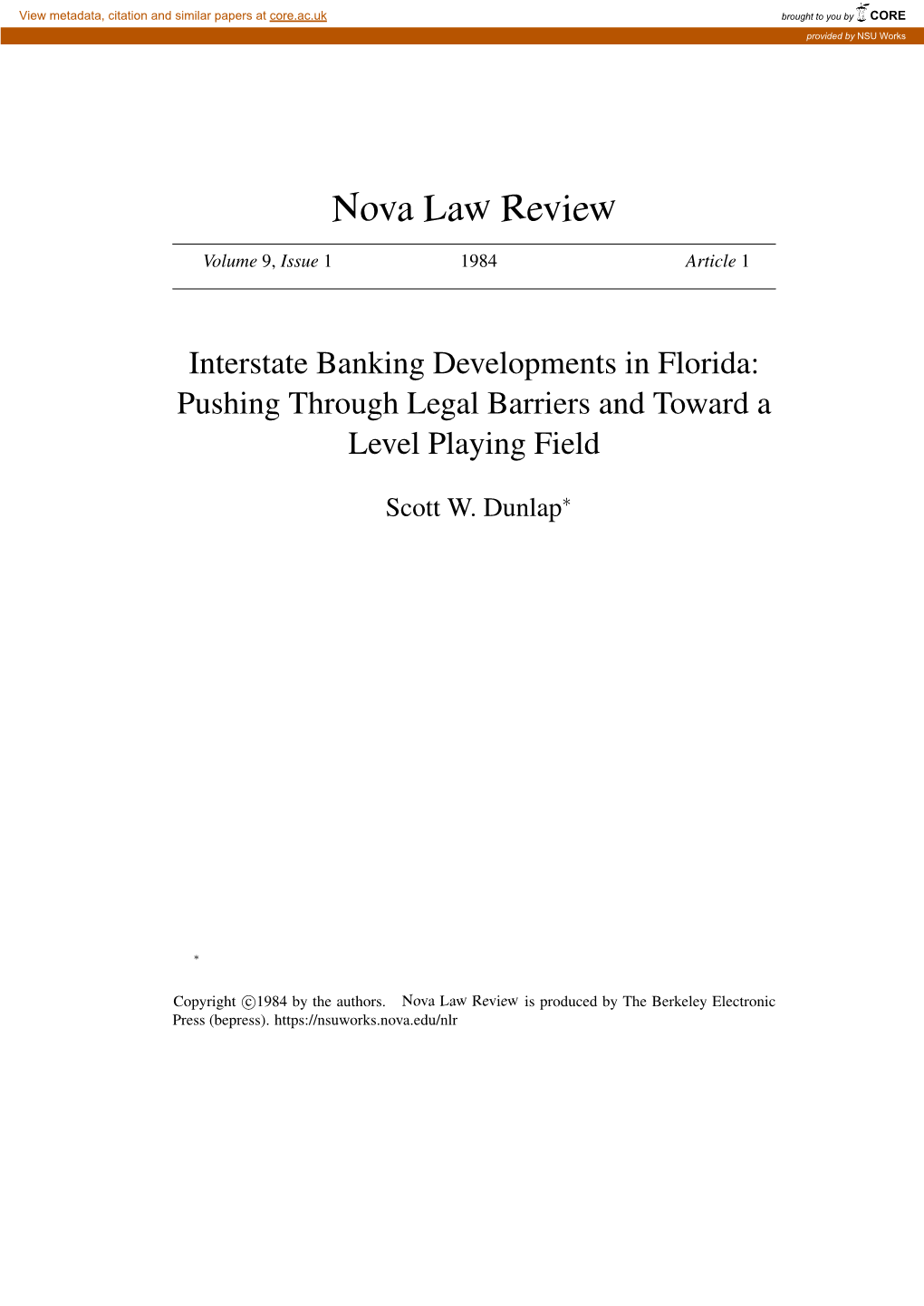 Interstate Banking Developments in Florida: Pushing Through Legal Barriers and Toward a Level Playing Field