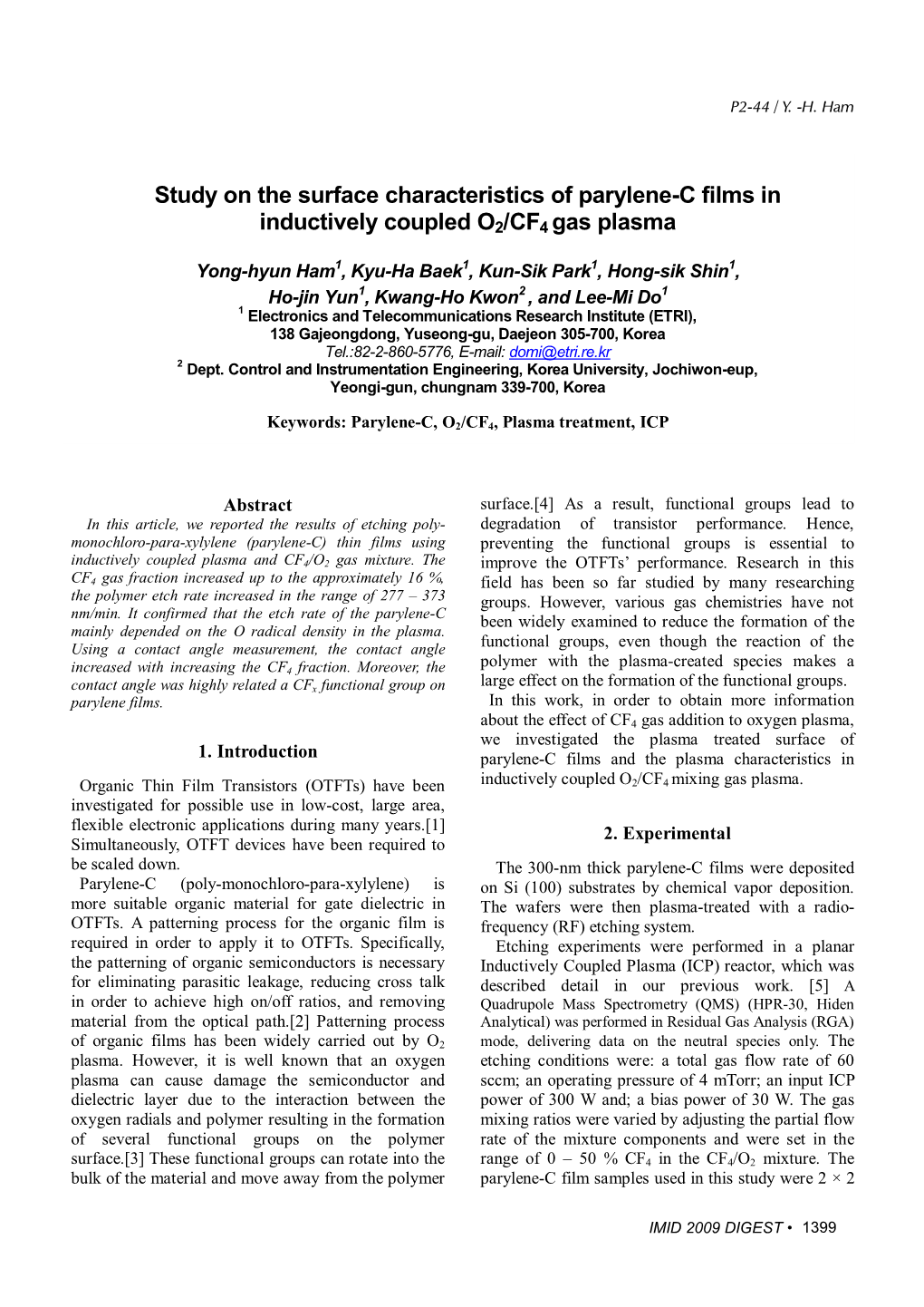 Study on the Surface Characteristics of Parylene-C Films in Inductively Coupled O2/CF4 Gas Plasma