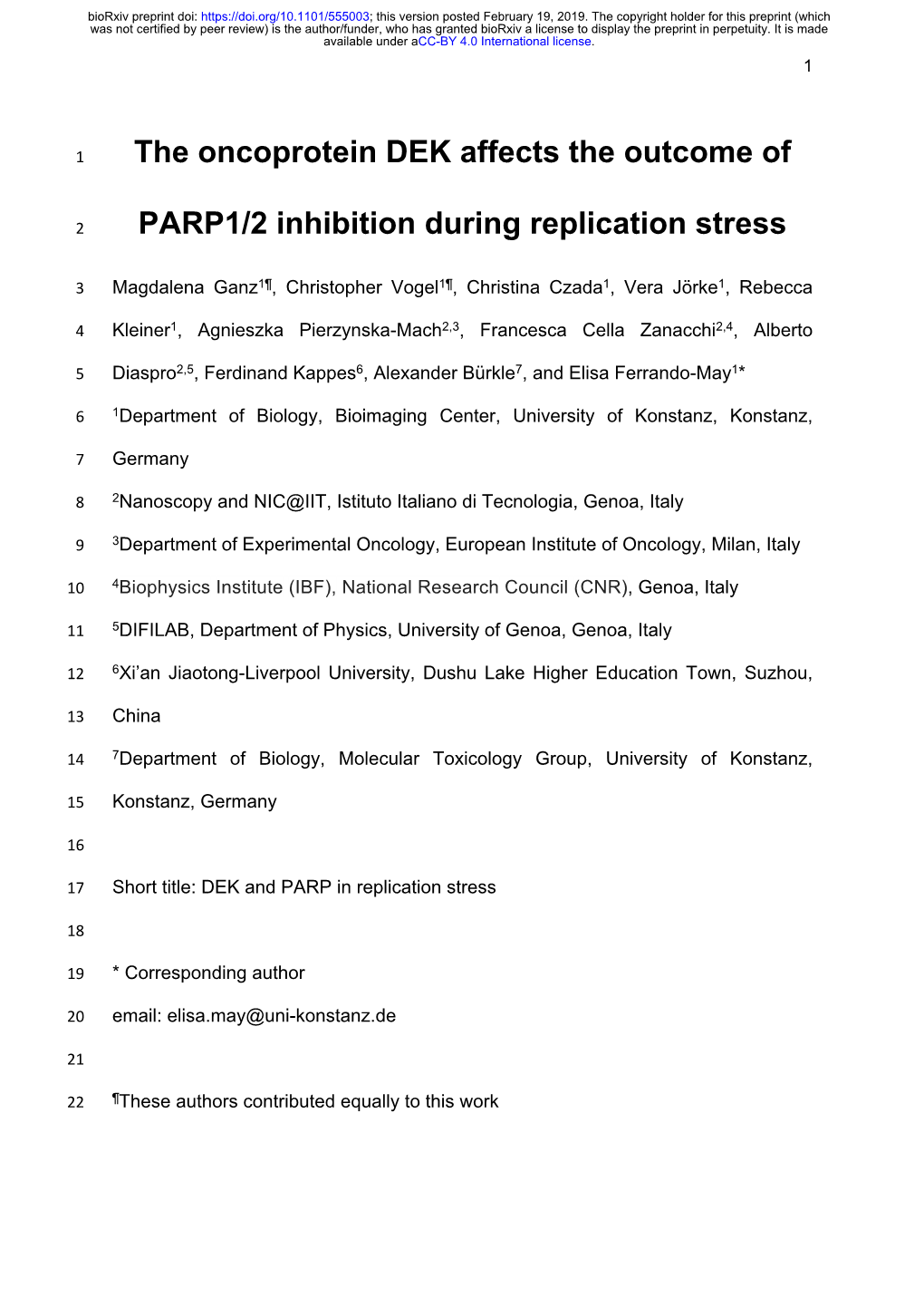 The Oncoprotein DEK Affects the Outcome of PARP1/2 Inhibition