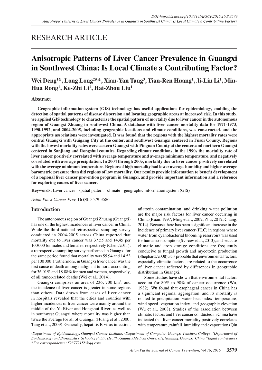 Anisotropic Patterns of Liver Cancer Prevalence in Guangxi in Southwest China: Is Local Climate a Contributing Factor?