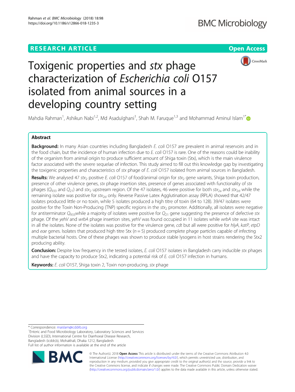 Toxigenic Properties and Stx Phage Characterization of Escherichia Coli