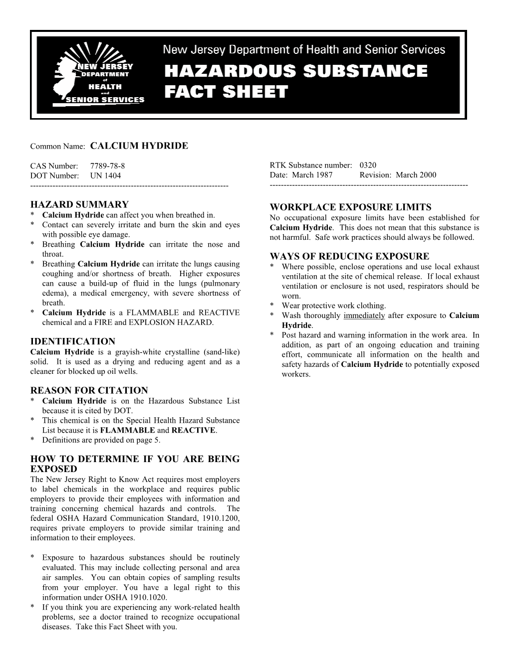 Calcium Hydride Hazard Summary Identification Reason for Citation How to Determine If You Are Being Exposed Workpla