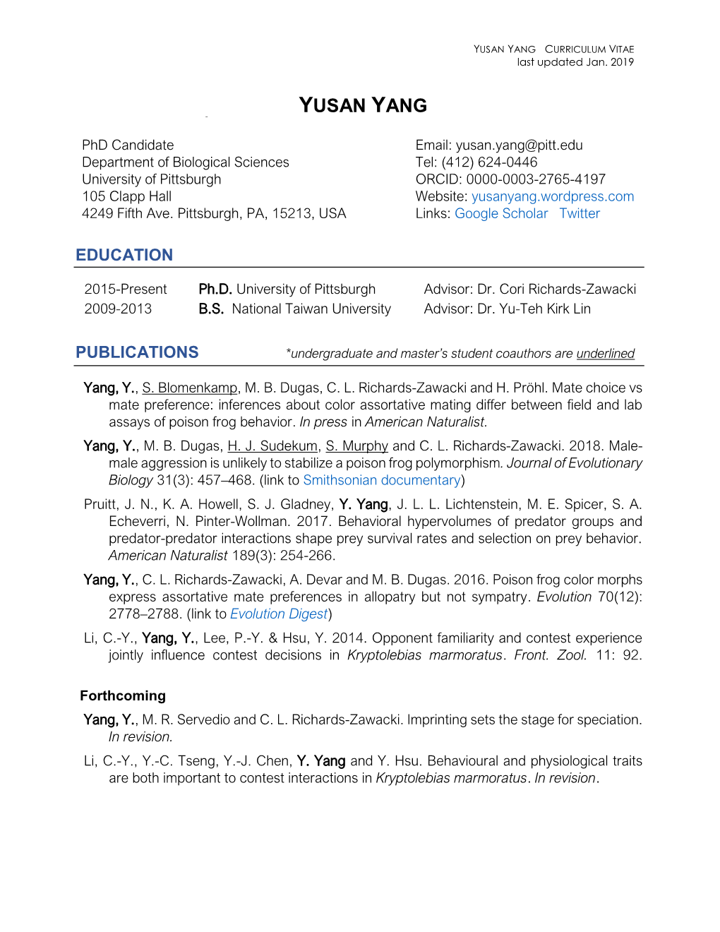 YUSAN YANG CURRICULUM VITAE Last Updated Jan